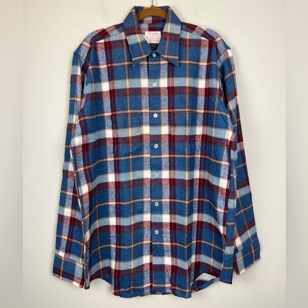 Vintage Sovereign Plaid Cotton Heavy Flannel Button Up Shirt Large Tall